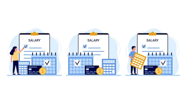 Salariskalender met datum salarisbetaling mensen betalen geld Werk accountant cheque berekenen van betaling