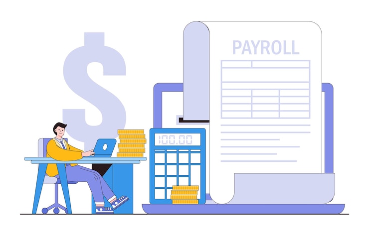 Vector salary payroll system for employee financial wage calculation and automatic payment administrative or calendar pay date for office accounting concept businessman compute online income using laptop