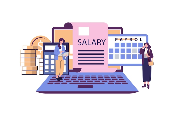 Vector salary payroll system online income calculate and automatic payment office accounting administrative or calendar pay date employee wages concept businessman standing with online payroll computer