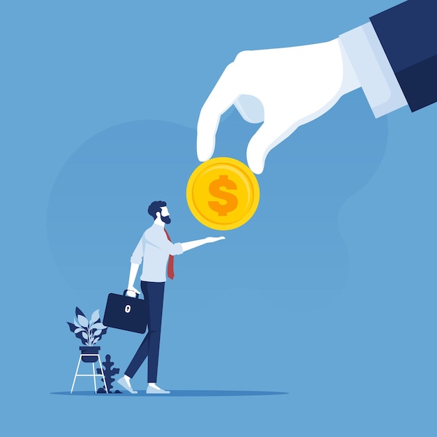 Vector salary time boss holding coin in hand gives worker human hand reaching out for money