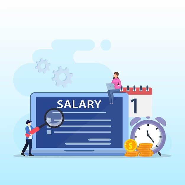 Salary vector concept male worker and female looking at his salary  while standing with big calendar