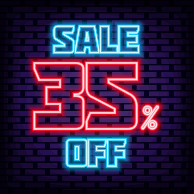 Sale 35 off Badge in neon style Bright signboard Night bright advertising