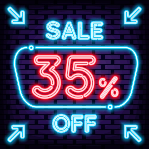 Sale 35 off neon sign vector on brick wall background announcement neon signboard