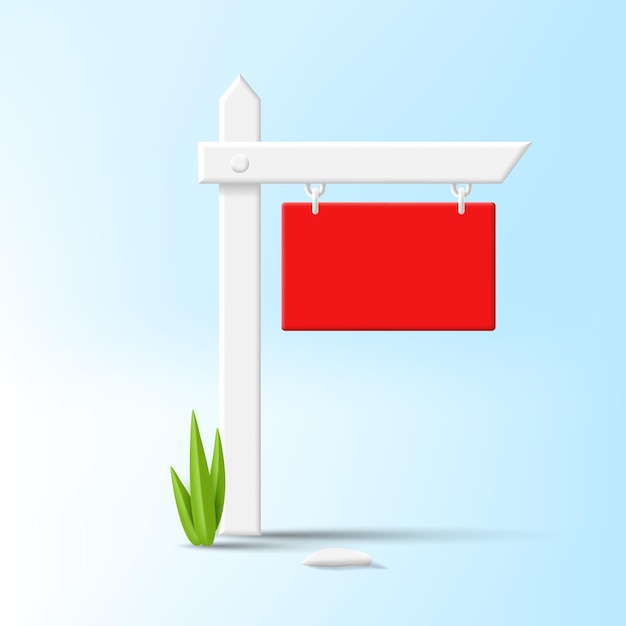 For sale 3d sign red board on white wooden stick with green grass render illustration real estate advertising