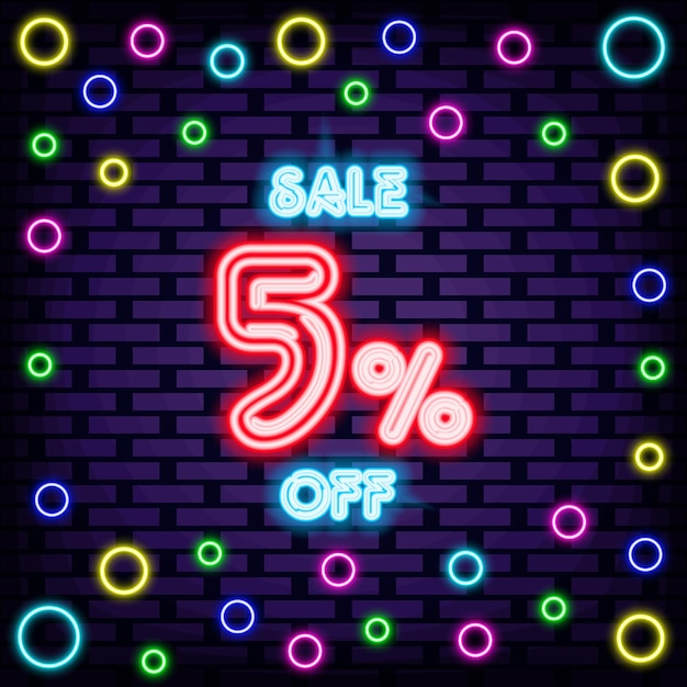 Sale 5 off Neon signboards Glowing with colorful neon light Light banner