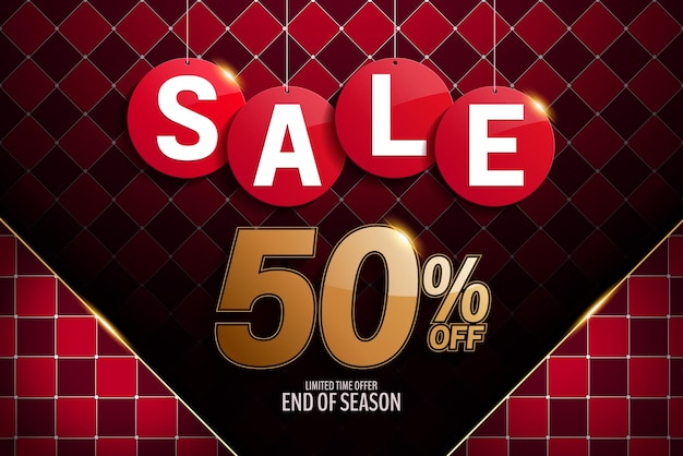 Sale 50 percent off discount special offer sign template promo banner checkered pattern red color