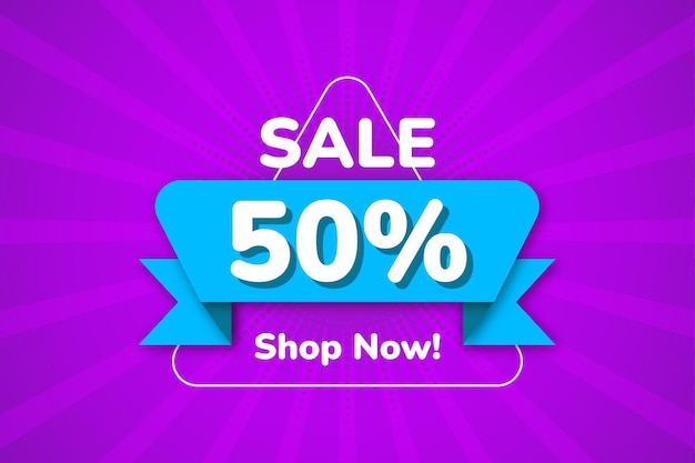 Sale 50 percent off triangle shape purple background and blue ribbon