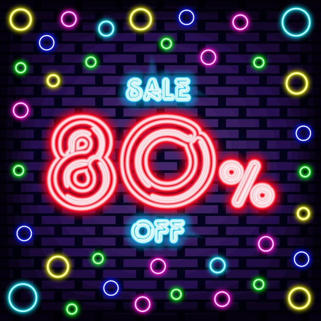 Sale 80 off Badge in neon style On brick wall background Announcement neon signboard