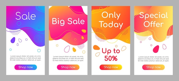 Sale abstract fluid mobile app screen mockup set. discount, special offers bubble web banner, social media stories, website colorful design. online store webpages template with liquid gradient shapes