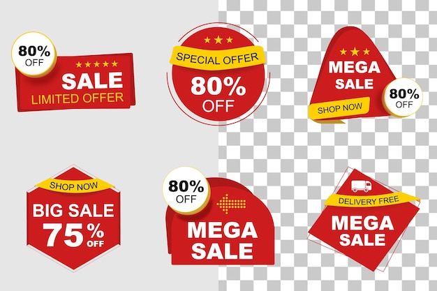 Sale badges vector template set. Red and yellow labels.