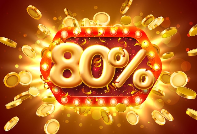 Sale banner 80% off numbers with coins flying