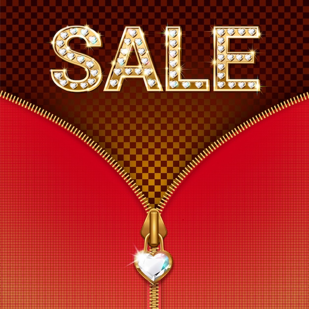 Vector sale banner - bright luxury letters in gold with precious stones, zipper with pendant.