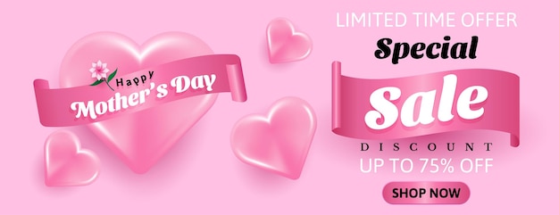 Vector sale banner design template with realistic pink heart and ribbon on pink background vector illustration