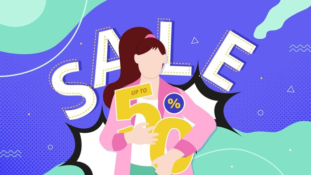 Vector sale banner design with flat woman illustration