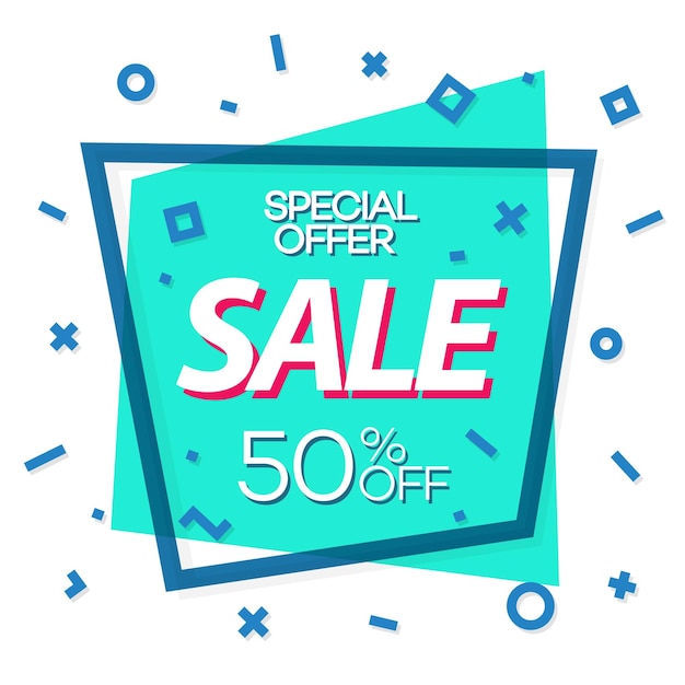 Sale banner green color with cyan frame and different shapes for special offer, advertisement, black friday, promotion, sale, hot price and discount poster. Vector Illustration