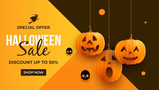 Vector sale banner for happy halloween with realistic pumpkins horizontal sale banner background