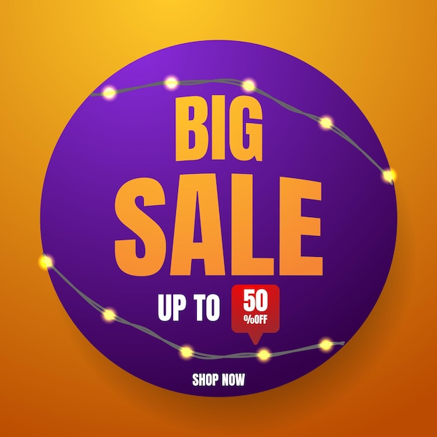 Sale banner or poster in orange and purple with light