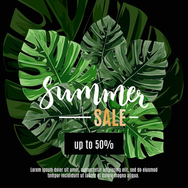 Sale banner, poster with jungle palm leaves. Bright tropical summer background.