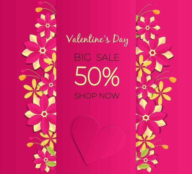 Sale banner Shape of a pink heart and flowers Valentine's day concept