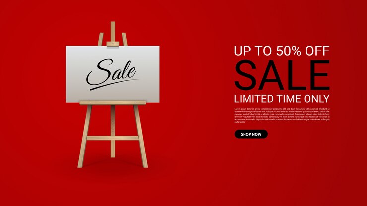 Vector sale banner template design with wooden brown easel
