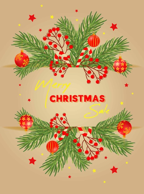 Sale banner with Christmas balls in red and gold colors and christmas tree