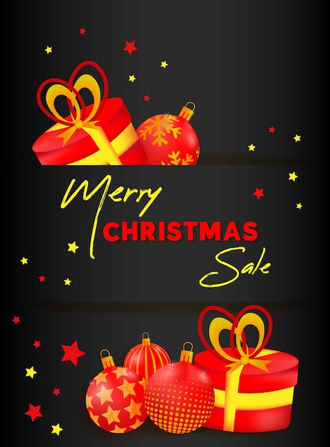 Sale banner with Christmas balls in red and gold colors and gifts