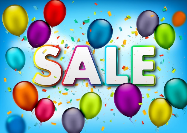 Sale banner with confetti and air balloons