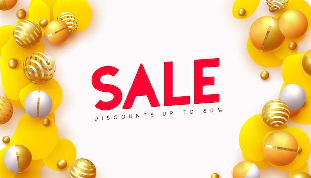 Sale banner with gold and silver balls, render 3d round spheres. sale promotion poster and shopping template. flyer design placard, brochure, web border. flat liquid droplets, geometric shapes