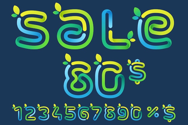 Banner di vendita con i numeri impostati per cento e il simbolo del dollaro arte ecologica con lettere arrotondate e foglie verdi
