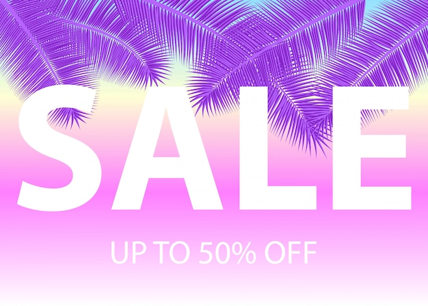 Sale banner with palm leaves. floral tropical ultra violet background.  illustration. hot summer sales . eps 10.