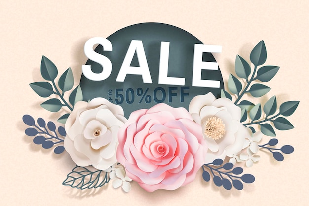 Sale banner with paper floral decorations and frames on beige surface in 3d style