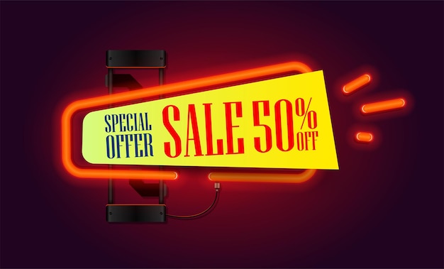 Sale banner with red neon lights lamp and piece of paper for your offer text