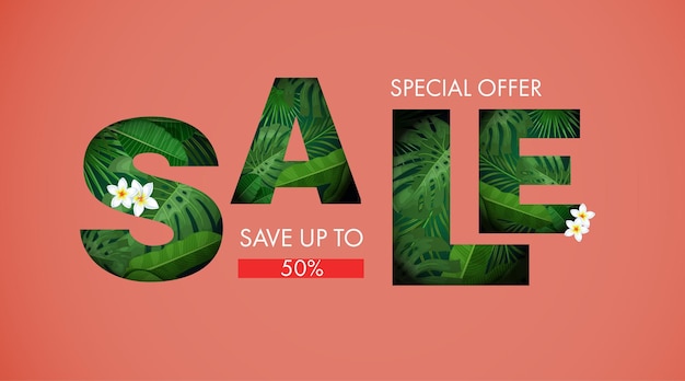 タイポグラフィとサンゴの背景に熱帯の葉と植物の販売バナー 販売のためのデザイン テンプレート ポスター チラシ ソーシャル メディア ファッション広告などに最適 ベクトル図