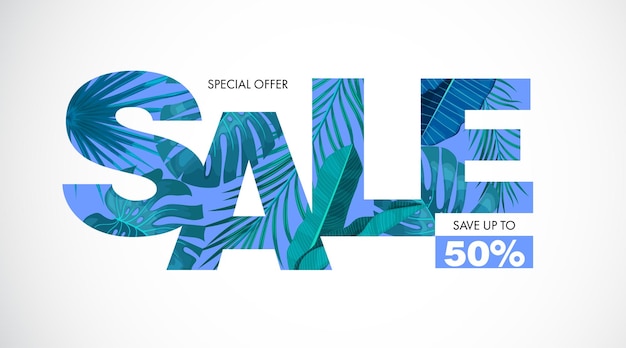 Sale banner with vivid tropical leaves and plants on white background with typography design template for sale best for posters flyers social media fashion ads etc vector illustration