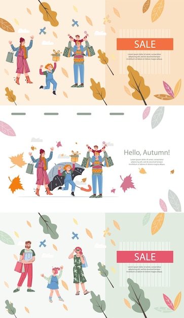 Vector sale banners set for different seasons with people shopping flat vector