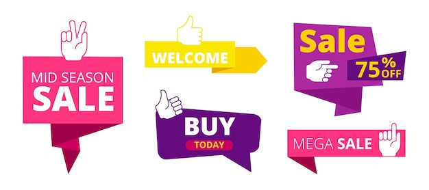 Sale banners welcome discount stickers with like hand signs recommended symbols and sales labels vector set