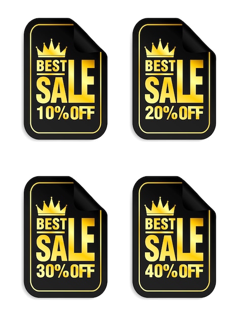 Sale black stickers set with gold text crown icon Best Sale 10 20 30 40 off Vector illustration