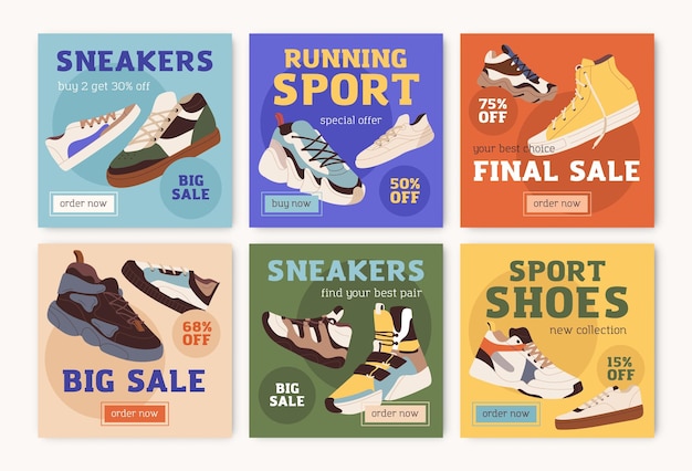 Vector sale cards designs set for sport store with fashion sneakers, trainers. square ad backgrounds with shoes discount, price off promotion. promo templates for gumshoes. colored flat vector illustrations.