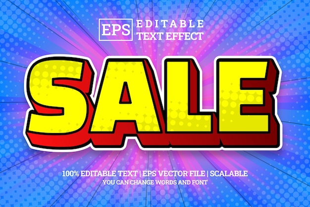 Vector sale comic 3d editable text effect on colorful halftone background