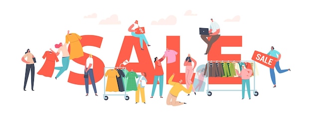 Sale Concept. Buyers Female Characters at Seasonal Discount Cheerful Shopaholic Girls Grab Apparel from Store Hangers, Happy Women Shopping Poster, Banner or Flyer. Cartoon People Vector Illustration