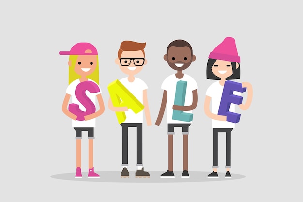 Vector sale, conceptual 3d sign. young millennial characters holding colorful letters.