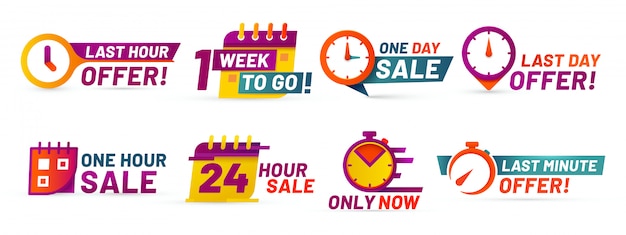 Sale countdown badges. Last minute offer banner, one day sales and 24 hour sale promo stickers  set