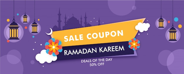 Vector sale coupon or header design with silhouette mosque and 50% disc