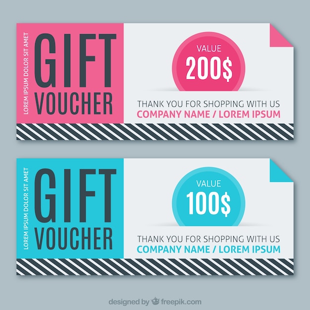 Vector sale coupons in pink and blue colors with stripes