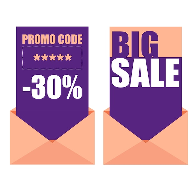 Sale creative badges set. promo code and sale cards with envelopes vector illustration.