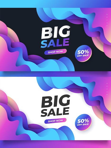 Modello di disegno dell'insegna di sconto di vendita. banner promozionale con grande offerta speciale di vendita con forme liquide colorate