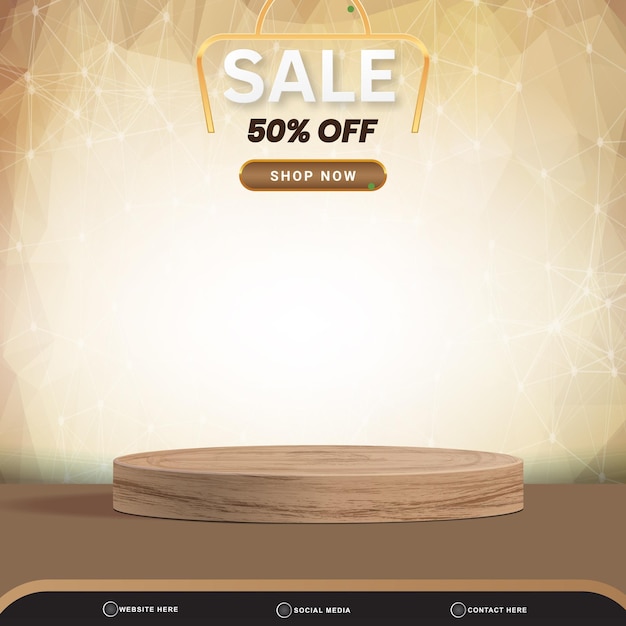 Sale discount banner for social media template post with blank space 3d podium for product with abstract brown and white gradient background design