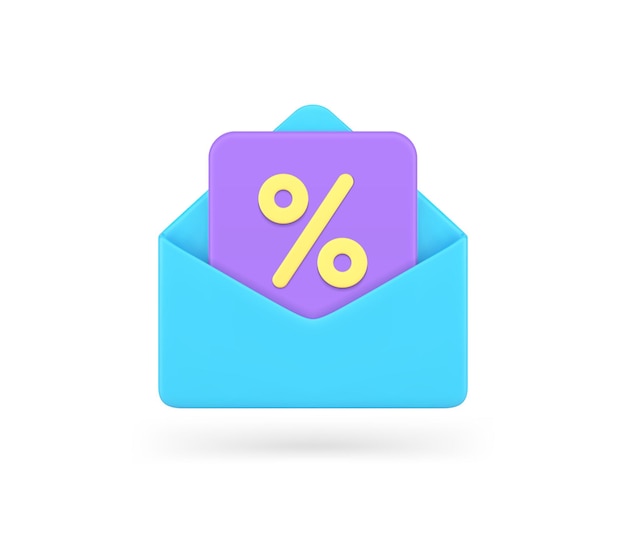 Vendita coupon di sconto messaggio mailing list promo commerciale marketing icona 3d vettore realistico