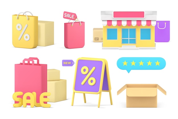 Sale discount shopping purchasing commercial service finance business promo set 3d icon vector