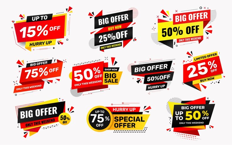 Vector sale discount tag set with different percent promo price tag design product discount collection